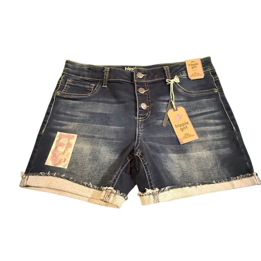 Hippie Girl Midi Cut Off Cuffed Denim Shorts Distressed Adjustable Super Soft